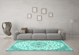 Machine Washable Medallion Turquoise Traditional Area Rugs in a Living Room,, wshtr1472turq