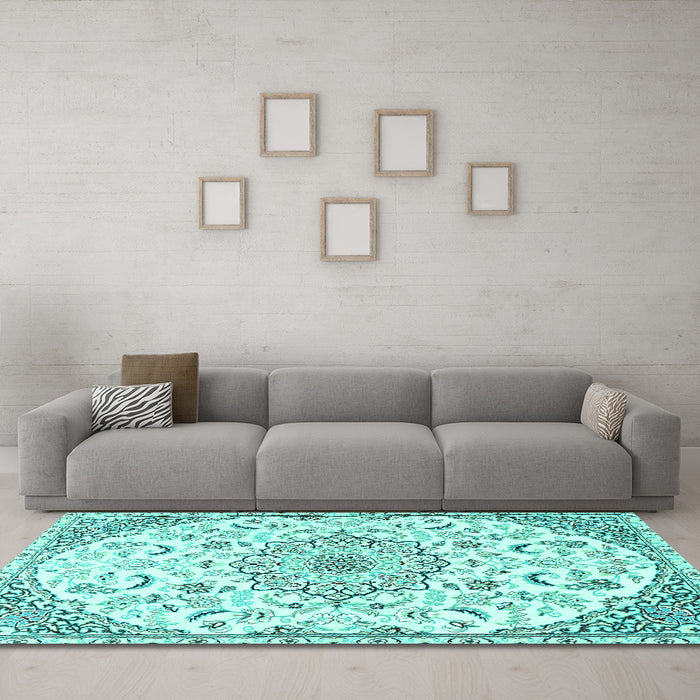 Machine Washable Medallion Turquoise Traditional Area Rugs in a Living Room,, wshtr1472turq
