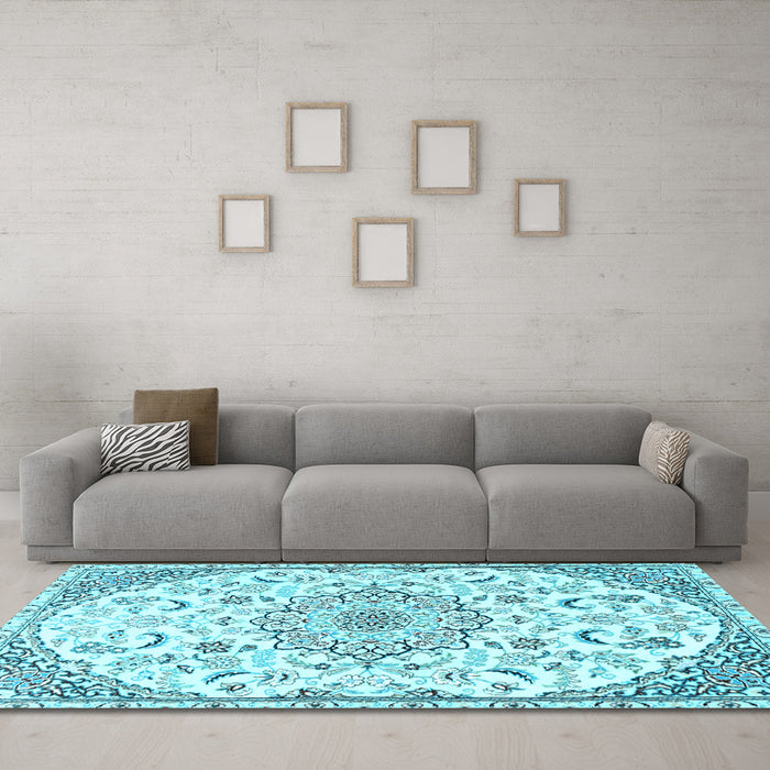 Machine Washable Medallion Light Blue Traditional Rug in a Living Room, wshtr1472lblu