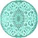 Round Machine Washable Medallion Turquoise Traditional Area Rugs, wshtr1472turq