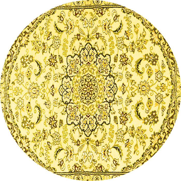 Round Machine Washable Medallion Yellow Traditional Rug, wshtr1472yw