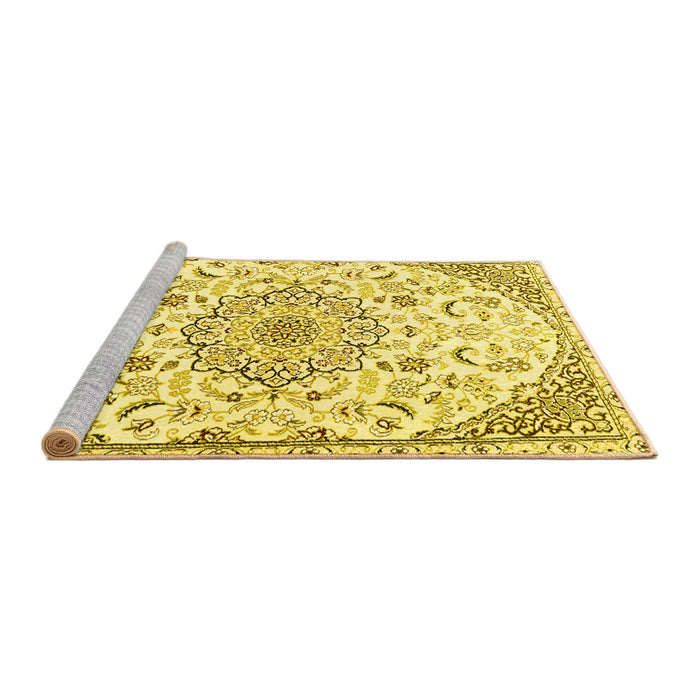 Sideview of Machine Washable Medallion Yellow Traditional Rug, wshtr1472yw