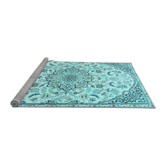 Sideview of Machine Washable Medallion Light Blue Traditional Rug, wshtr1472lblu