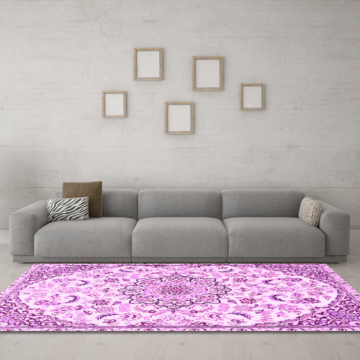 Machine Washable Medallion Pink Traditional Rug in a Living Room, wshtr1472pnk