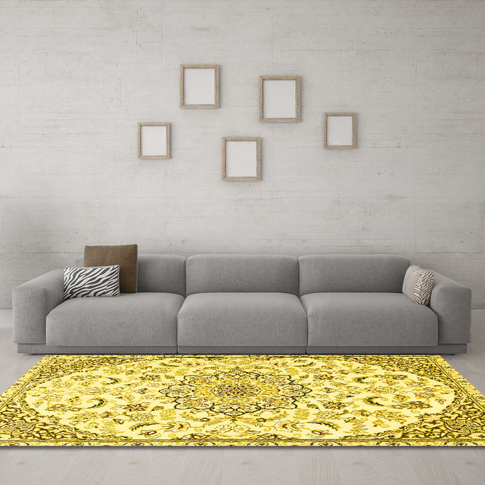 Machine Washable Medallion Yellow Traditional Rug in a Living Room, wshtr1472yw