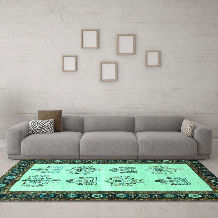 Machine Washable Persian Turquoise Traditional Area Rugs in a Living Room,, wshtr1474turq