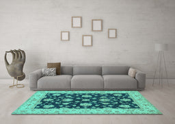 Machine Washable Persian Turquoise Traditional Area Rugs in a Living Room,, wshtr1475turq