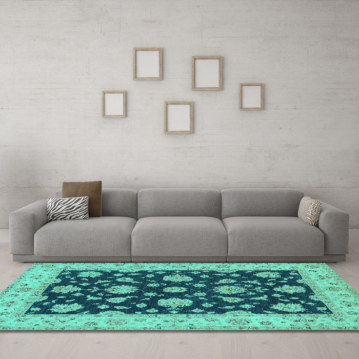 Machine Washable Persian Turquoise Traditional Area Rugs in a Living Room,, wshtr1475turq