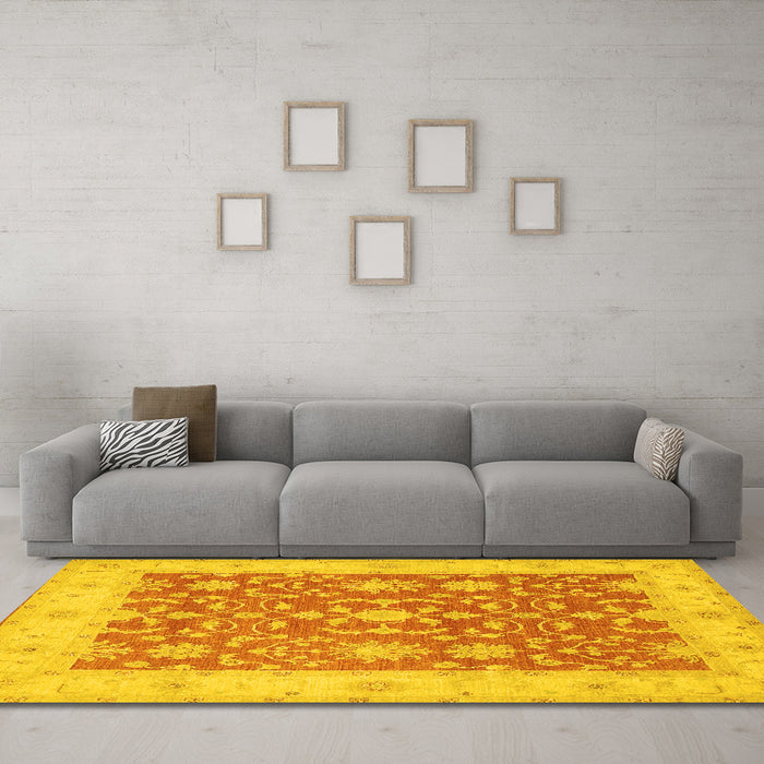Machine Washable Oriental Yellow Traditional Rug in a Living Room, wshtr1476yw
