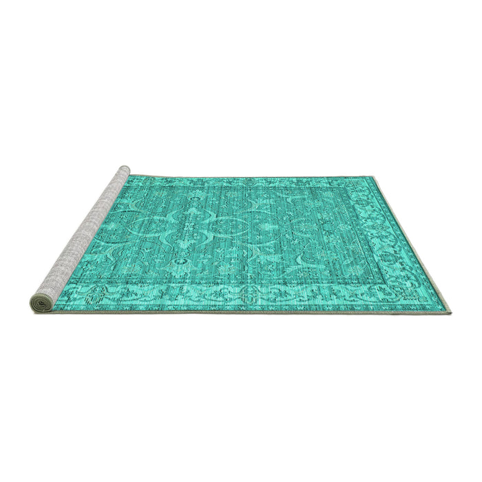 Sideview of Machine Washable Persian Turquoise Traditional Area Rugs, wshtr147turq