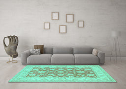 Machine Washable Oriental Turquoise Traditional Area Rugs in a Living Room,, wshtr1480turq