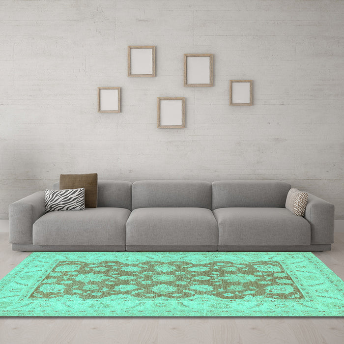 Machine Washable Oriental Turquoise Traditional Area Rugs in a Living Room,, wshtr1480turq