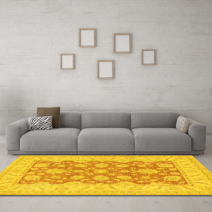Machine Washable Oriental Yellow Traditional Rug in a Living Room, wshtr1480yw
