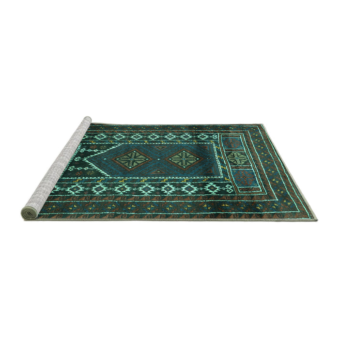 Sideview of Machine Washable Persian Turquoise Traditional Area Rugs, wshtr1481turq