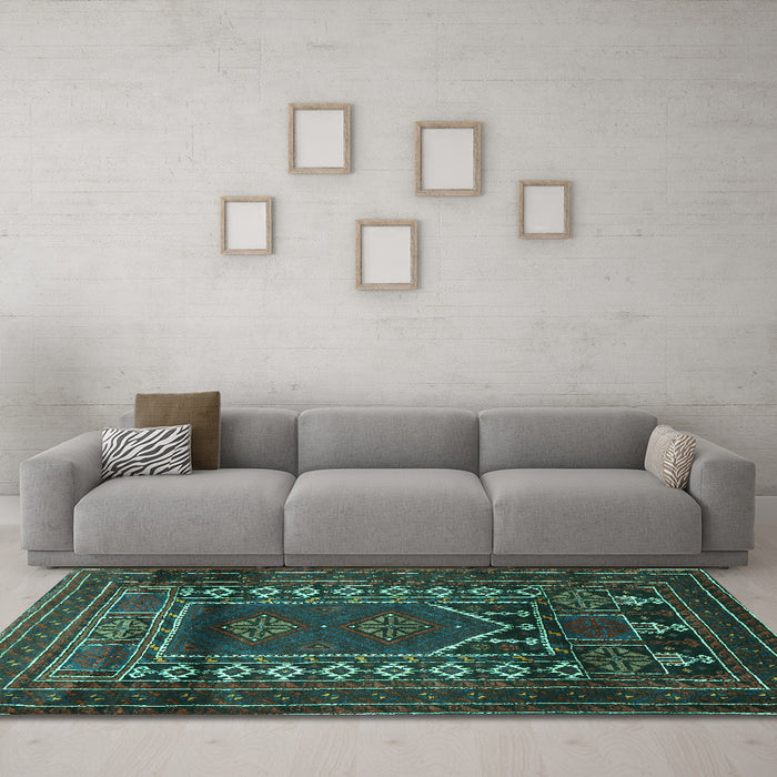 Machine Washable Persian Turquoise Traditional Area Rugs in a Living Room,, wshtr1481turq