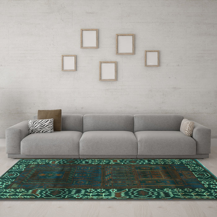 Machine Washable Persian Turquoise Traditional Area Rugs in a Living Room,, wshtr1483turq