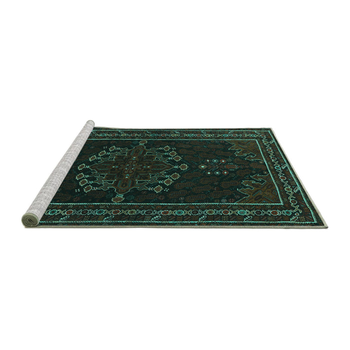 Sideview of Machine Washable Persian Turquoise Traditional Area Rugs, wshtr1484turq