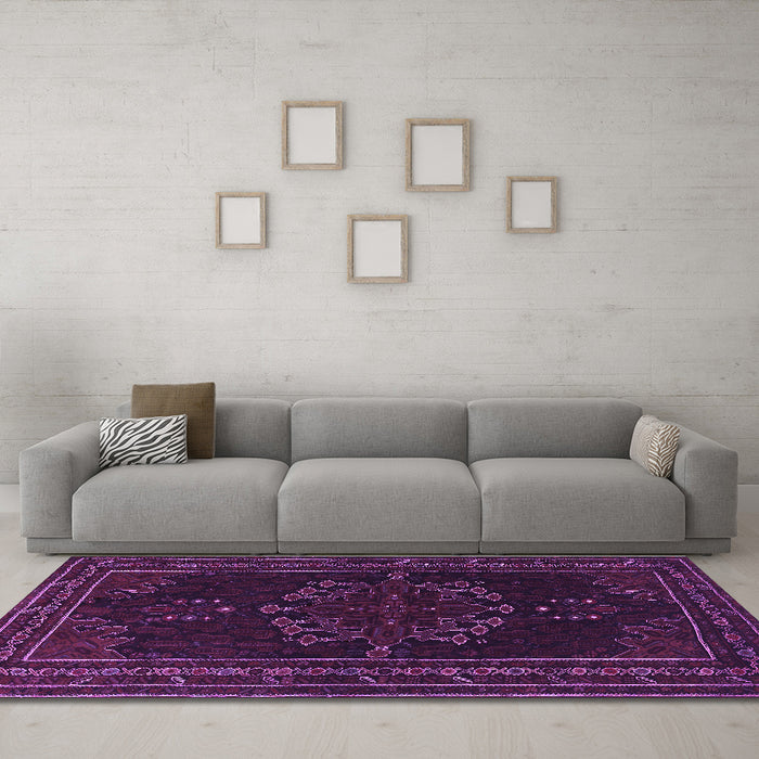 Machine Washable Persian Purple Traditional Area Rugs in a Living Room, wshtr1484pur