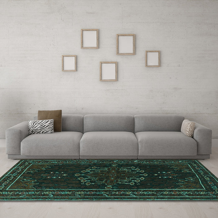 Machine Washable Persian Turquoise Traditional Area Rugs in a Living Room,, wshtr1484turq