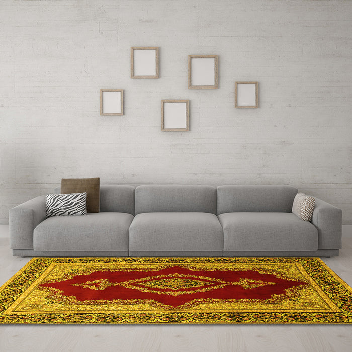 Machine Washable Persian Yellow Traditional Rug in a Living Room, wshtr1486yw