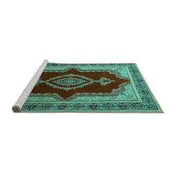 Sideview of Machine Washable Persian Turquoise Traditional Area Rugs, wshtr1486turq