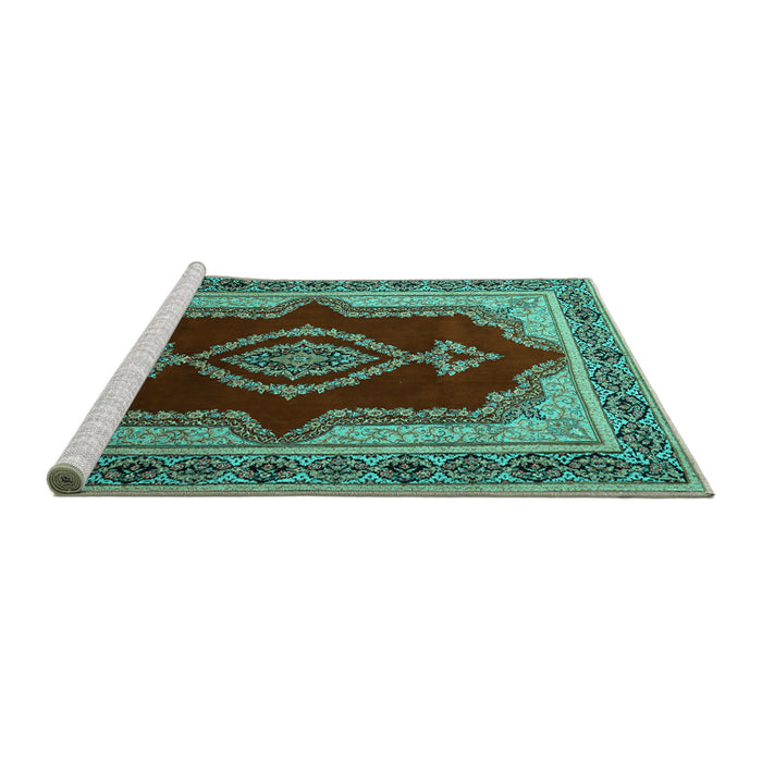 Sideview of Machine Washable Persian Turquoise Traditional Area Rugs, wshtr1486turq