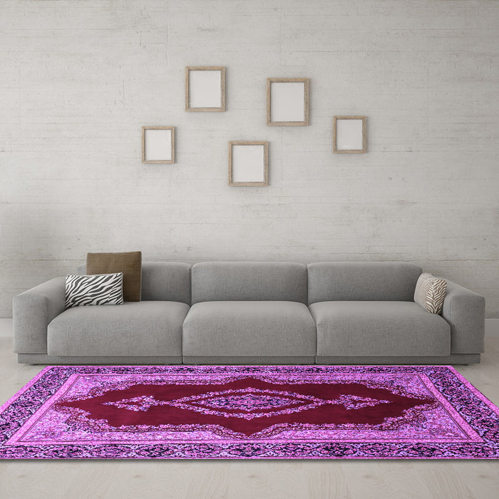Machine Washable Persian Purple Traditional Area Rugs in a Living Room, wshtr1486pur