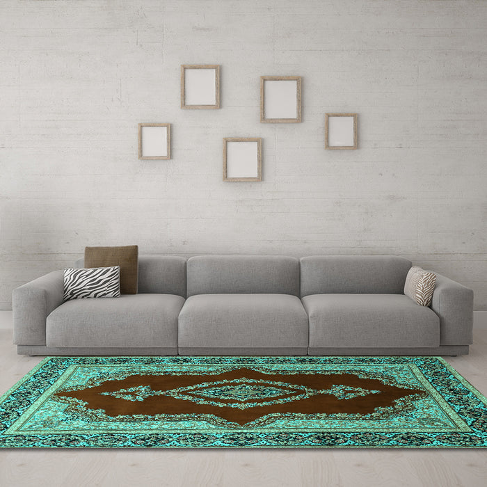 Machine Washable Persian Turquoise Traditional Area Rugs in a Living Room,, wshtr1486turq