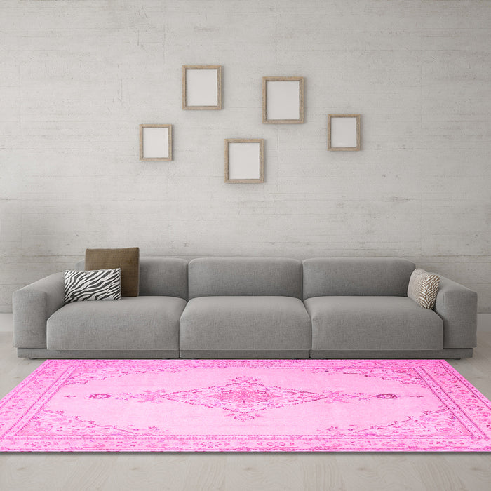 Machine Washable Persian Pink Traditional Rug in a Living Room, wshtr1487pnk