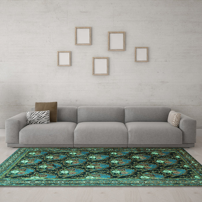 Machine Washable Persian Turquoise Traditional Area Rugs in a Living Room,, wshtr1488turq