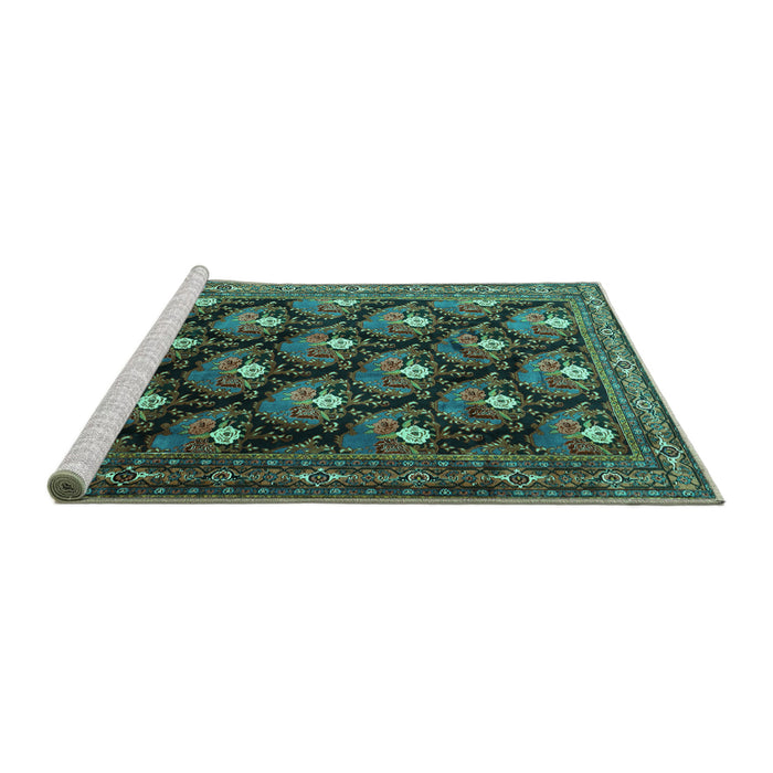 Sideview of Machine Washable Persian Turquoise Traditional Area Rugs, wshtr1488turq