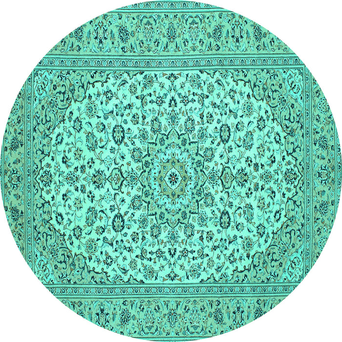 Round Machine Washable Medallion Turquoise Traditional Area Rugs, wshtr148turq