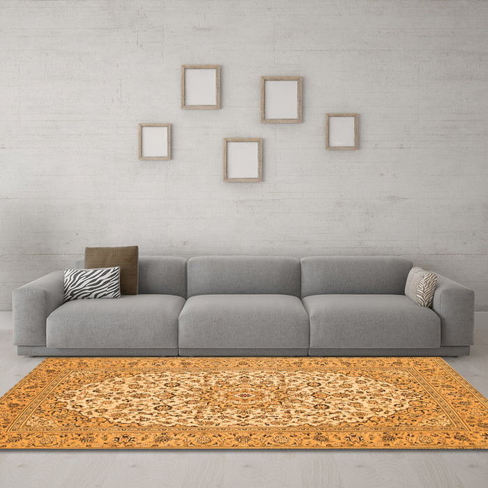 Machine Washable Medallion Orange Traditional Area Rugs in a Living Room, wshtr148org