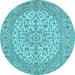 Round Machine Washable Medallion Light Blue Traditional Rug, wshtr148lblu