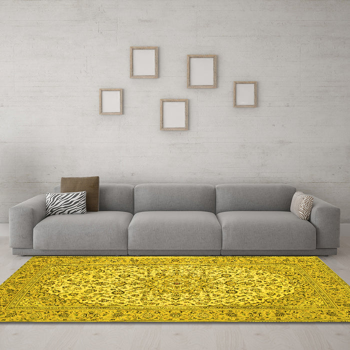 Machine Washable Medallion Yellow Traditional Rug in a Living Room, wshtr148yw