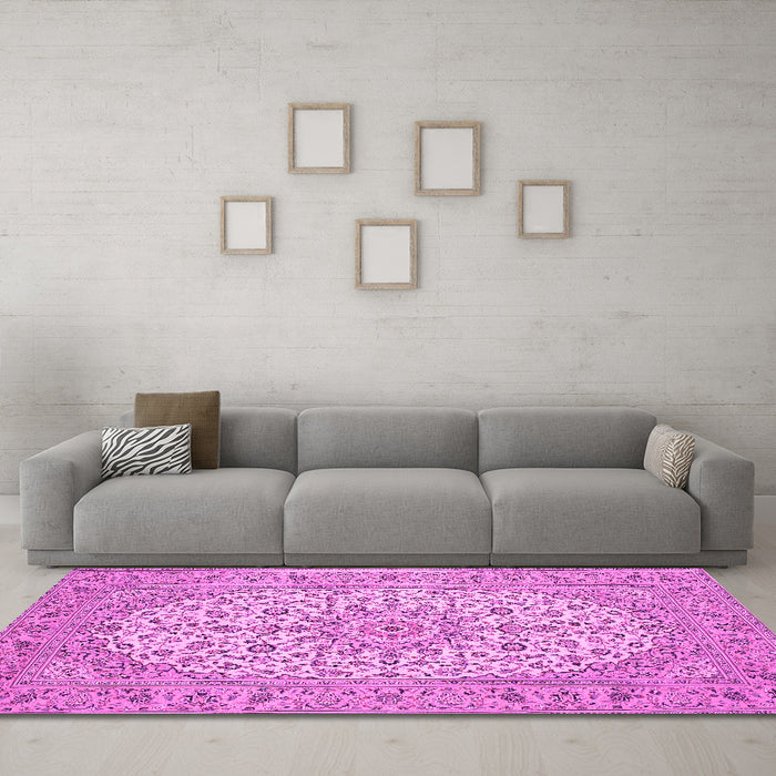 Machine Washable Medallion Pink Traditional Rug in a Living Room, wshtr148pnk