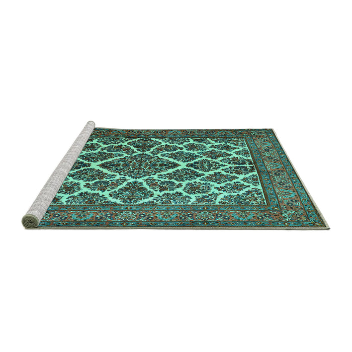 Sideview of Machine Washable Persian Turquoise Traditional Area Rugs, wshtr1490turq