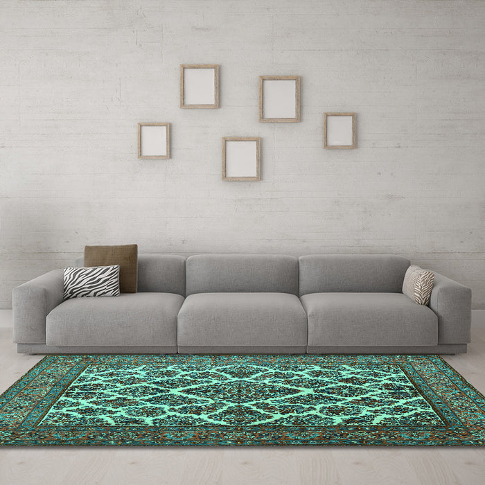 Machine Washable Persian Turquoise Traditional Area Rugs in a Living Room,, wshtr1490turq