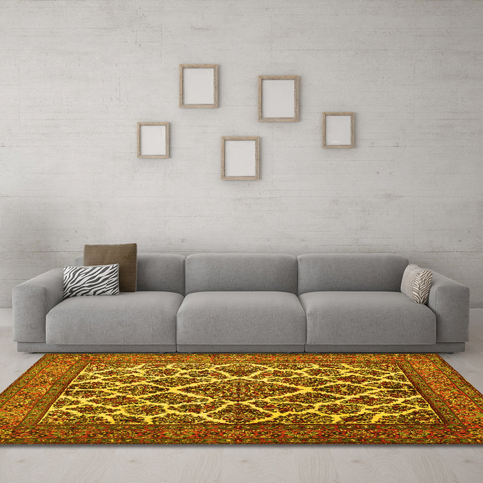 Machine Washable Persian Yellow Traditional Rug in a Living Room, wshtr1490yw