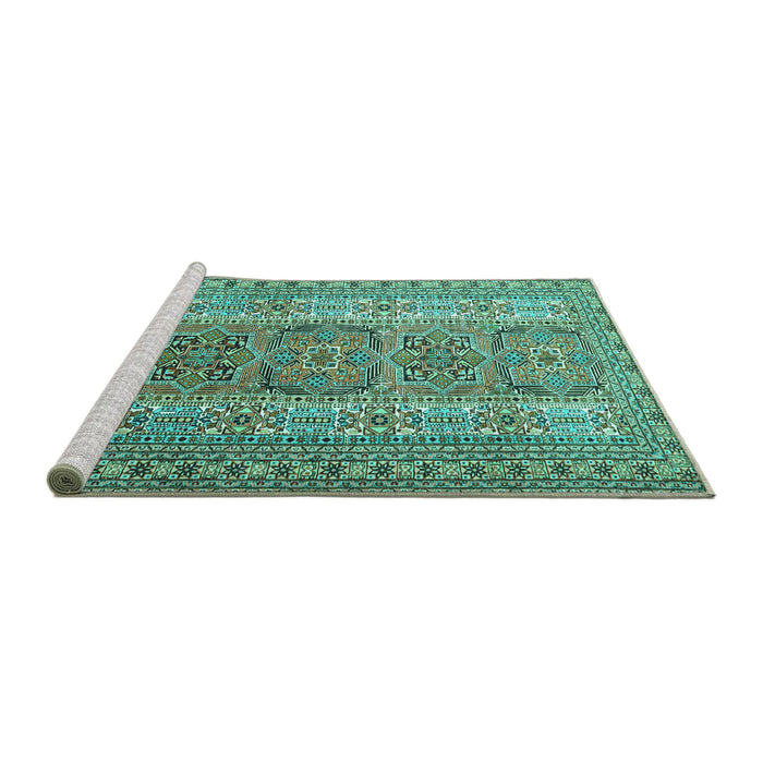 Sideview of Machine Washable Persian Turquoise Traditional Area Rugs, wshtr1491turq