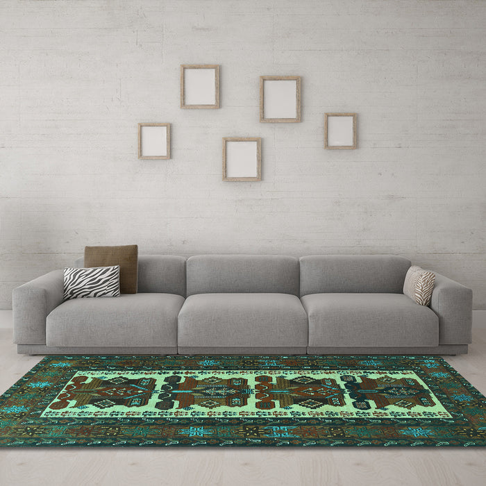Machine Washable Persian Turquoise Traditional Area Rugs in a Living Room,, wshtr1492turq