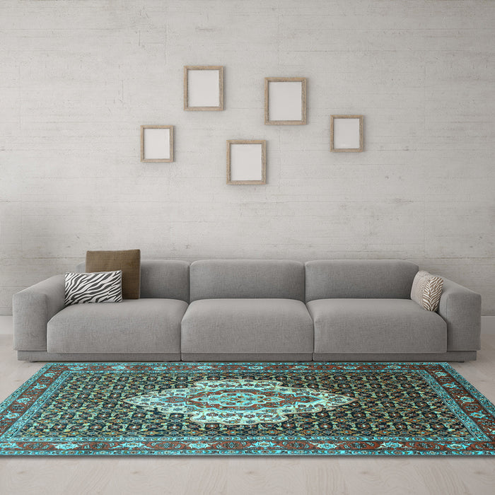 Machine Washable Medallion Light Blue Traditional Rug in a Living Room, wshtr1495lblu