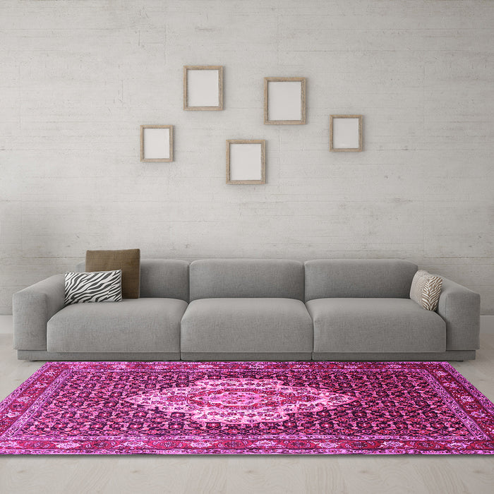 Machine Washable Medallion Pink Traditional Rug in a Living Room, wshtr1495pnk