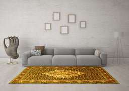 Machine Washable Medallion Yellow Traditional Rug in a Living Room, wshtr1495yw