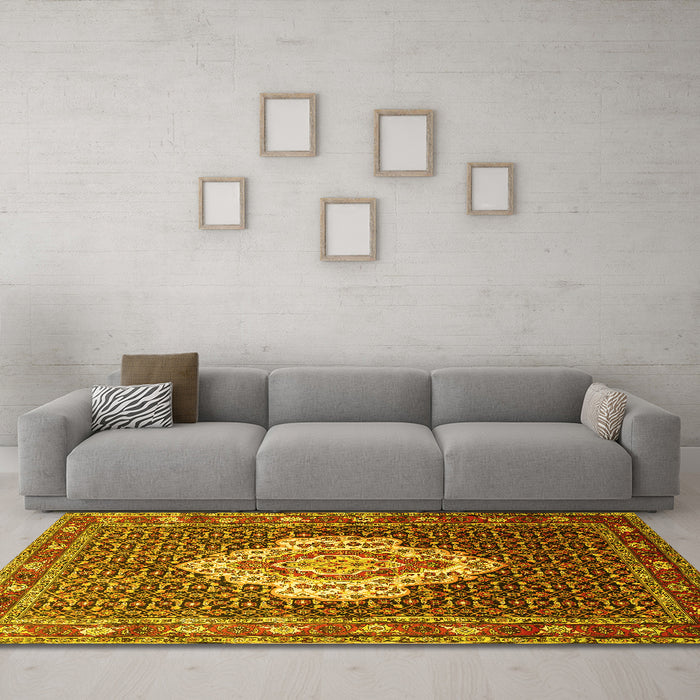Machine Washable Medallion Yellow Traditional Rug in a Living Room, wshtr1495yw