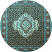 Round Machine Washable Medallion Light Blue Traditional Rug, wshtr1495lblu