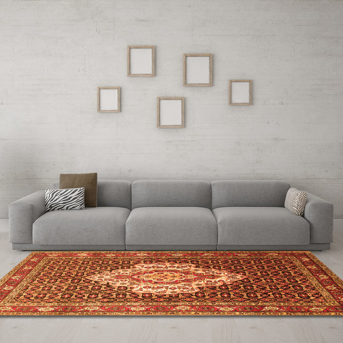 Machine Washable Medallion Orange Traditional Area Rugs in a Living Room, wshtr1495org