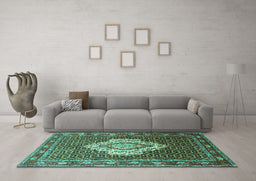 Machine Washable Medallion Turquoise Traditional Area Rugs in a Living Room,, wshtr1495turq