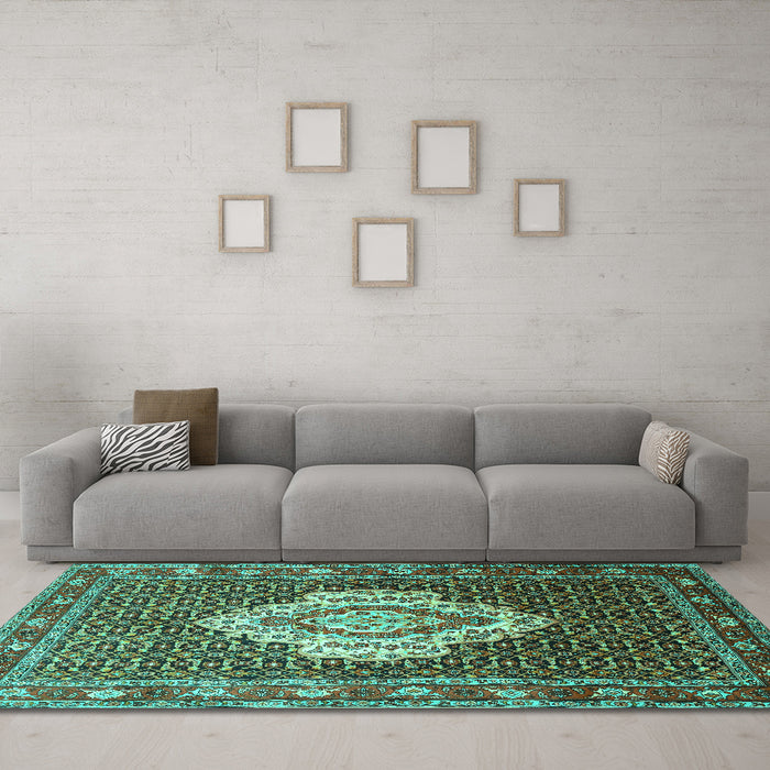 Machine Washable Medallion Turquoise Traditional Area Rugs in a Living Room,, wshtr1495turq