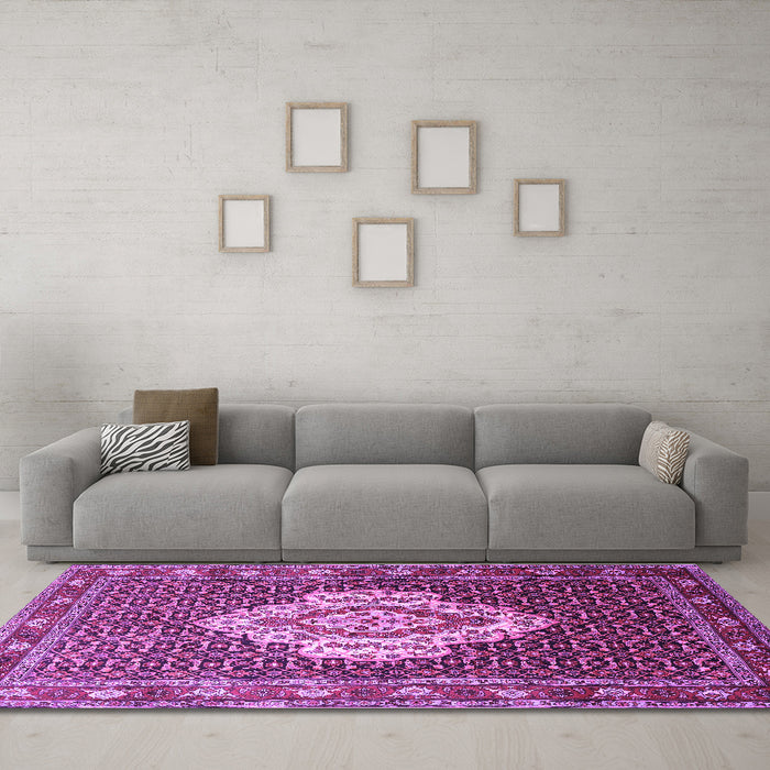 Machine Washable Medallion Purple Traditional Area Rugs in a Living Room, wshtr1495pur